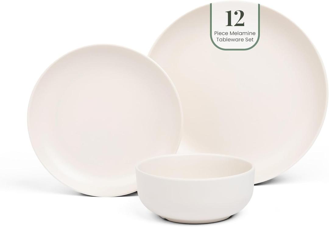 Larder & Vine 12-Piece Melamine Dinnerware Set: Durable, Lightweight, Break-Resistant Plates & Bowls  Stylish, Non-Toxic, Dishwasher Safe  Ideal for Everyday Use, Indoor & Outdoor Dining  Ivory