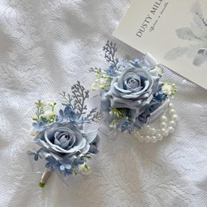 2PCS Rose Flower Wrist Corsage Boutonniere Set Handmade Artificial Corsage Set Bride Hand Flower Men Boutonniere for Wedding Party Prom Decorations (Blue)
