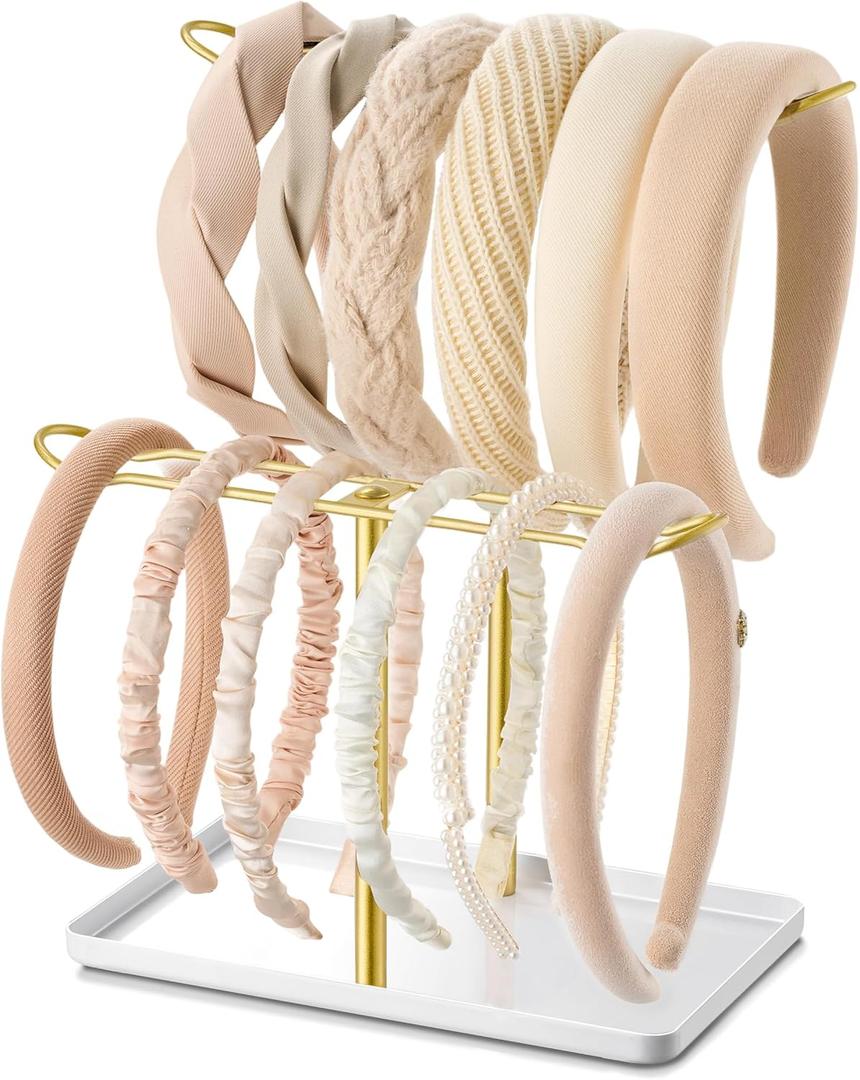 Headband Holder Organizer, 2-Tier T-bar Storage Stand with Tray for Hair Accessories Hairband Hair Clip, for Girls Women, Gold & White