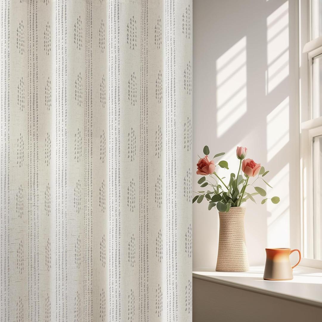 Boho Linen Curtains for Bedroom Living Room Grey Farmhouse Boho Curtains 63 Inch Length Geometric Striped Patterned Mudcloth Grommet Top Light Filtering Window Drapes 2 Panels Gray on Beige