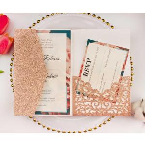 25 set 5"x7.28" Rose Gold Glitter Vine Tri Fold Pocketfold Wedding Invitations Cards Laser Cut Hollow Greeting invites pockets with envelopes RSVP cards inserts (rose gold glitter)