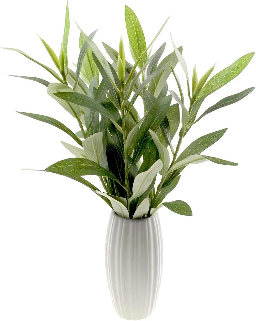 Fake Olive Branches with White Ceramic Vase, Indoor Artificial Olive Tree Stems Faux Green Plants Greenery Leaves in Vase for Farmhouse Office Bedroom Living Room Table Shelf Home Decor