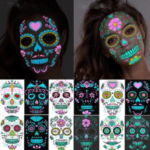 Halloween Day of Dead Face Tattoos, Neon Sugar Skull Tattoo, 6-Sheet Shimmer Designs Glow UV Neon Body Skin Tattoo Stickers for Men Boys Body Art