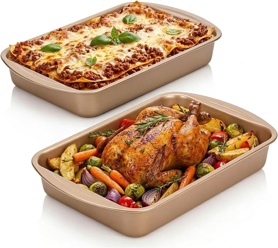 9x13 Nonstick Baking Pan 2 Pack Heavy-Gauge Carbon Steel Cake PanWarp-Resistant & PFOA Free, Even Heating for Lasagna, Sheet Cake, Brownies & Meal Prep, Wide Handles Golden