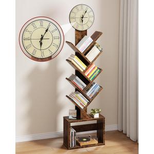 HIGDBFE 7 Tier Tree Bookshelf with Clock and Storage Cabinet, Small Narrow Floor Standing Bookcase for Bedroom, Living Room, Home Office, Rustic Brown