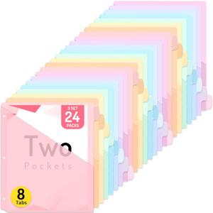 Forvencer 24 Count Binder Dividers with Two Pockets, 8 tab Dividers for 3 Ring Binders Organizer, Binder Divider with Tabs for School Office and Home Organization, Multicolor, 3 Sets