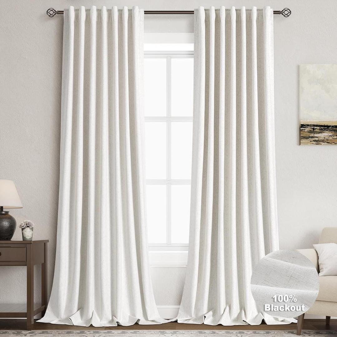 Nanspring Ivory Linen Blackout Curtains 96 Inches Long 2 Panel Set for Living Room Back Tab Pinch Pleated Blackout Curtain Drapes Boho Farmhouse Neutral Cream Bedroom Black Out Curtains 96 Inch Long (52"W x 96"L (Pack of 2), Natural)
