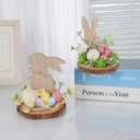 2 Pcs Easter Bunny Decor Wooden, Rustic Easter Decoration with Artificial Flowers and Eggs, Farmhouse Rabbit Shaped Table Centerpiece for Home Indoor Desk