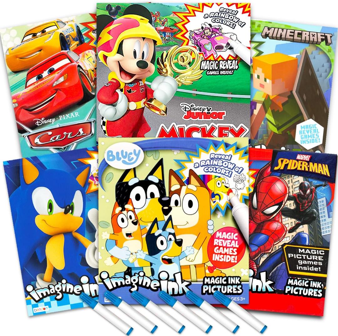 Bulk Imagine Ink Coloring Book Set for Boys - Bundle with 6 No Mess Coloring Books Featuring Sonic, Minecraft, Mickey Mouse, Spidey, Cars, and Bluey