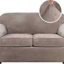 H.VERSAILTEX Real Velvet Plush 3 Piece Stretch Sofa Covers Couch Covers for 2 Cushion Couch Loveseat Covers Width Up to 72 Inch Feature Thick Soft Stay in Place (Medium Sofa, Taupe)