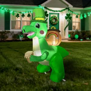4FT Dinosaur Carrying a Cylinder Inflatable Decoration St. Patrick's Day Decoration with LED Lights for Holiday Celebration Decorations for Yard, Lawn and Patio