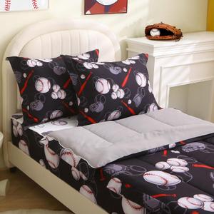 Boys Zipit Bedding Comforter Sets Baseball Zipper Bedding Set for Kids Black Sports Zip Up Bed Set for Children Bedroom Decor (Twin)