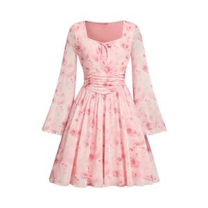 Verdusa Girl's Floral Mesh Boho Dresses Long Sleeve Ruched A Line Flowy Dress Spring Clothes Festival Outfits Size 11Y