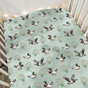 Vintage Mallard Duck Baby Crib Sheets for Boy Girl 28"x52" Hunting Duck Green Leaves Soft Snug Fitted Crib Mattress Cover Wild Duck Animal Baby Sheet for Standard Crib & Toddler Mattress Pad (One size)
