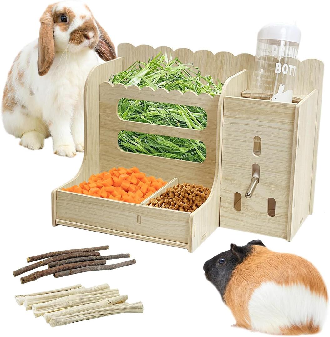 Hamiledyi Guinea Pig & Rabbit Hay Food Bin Feeder with Water Bottles & Wooden Hay Rack for Small Animals