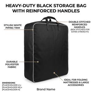 Heavy-Duty Black Folding Mattress & Equipment Travel Storage Bag with Reinforced Handles & White Piping trim, Large 