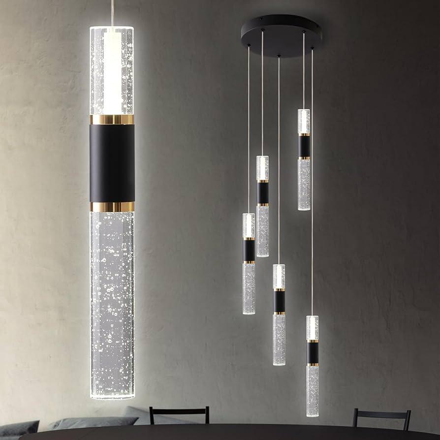 5-Light Modern Pendant Lights Kitchen Island Lighting Fixture,Dimmable Mordern LED Pendant Light with Remote,Black Gold Modern Led Chandelier for Dining Room