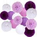Purple Birthday Party Decorations Paper Lanterns and Pom Poms 15pcs Set for Baby Shower Wedding Bachelorette Valentines Day Graduation, Hanging Ceiling and Room Decor