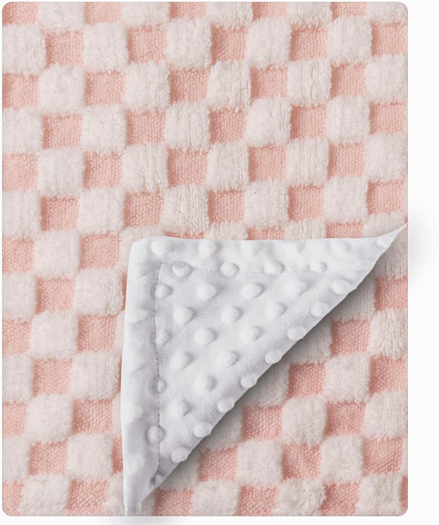 Soft Black and White Checkered Baby Blankets for Unisex Girls or Boys Breathable Gender Neutral Nursery Double Layer Blankets with Dotted Backing for Newborn Toddlers (Pink and White)