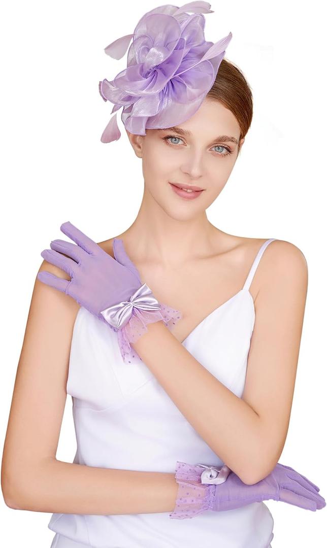 Fascinators Hat Flower Mesh Feathers Headband Derby Hat Clip Tea Party Headwear and Lace Gloves with Bows for Women