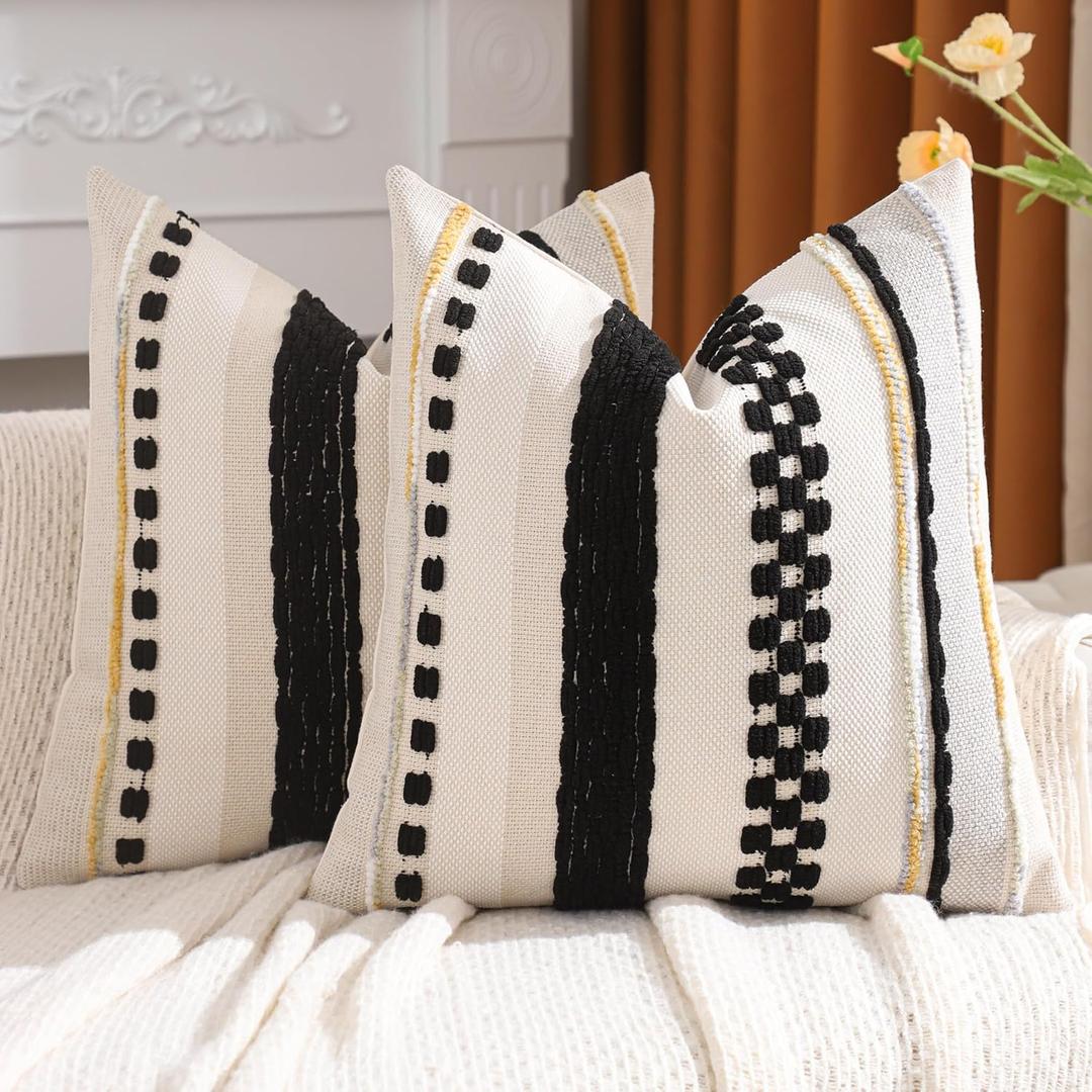 Tosleo Black and Cream Throw Pillow Covers 18x18 inch Set of 2 Boho Stripe Tufted Decorative Pillow Cases Accent Chenille Pillowcases Farmhouse Patterned Cushion Case Nuetral Textured Pillow Cover