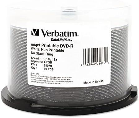 Verbatim DVD-R Blank Discs 4.7GB 16X DataLifePlus White Inkjet Printable Recordable Disc Hub Printable - 50pk Spindle 95079