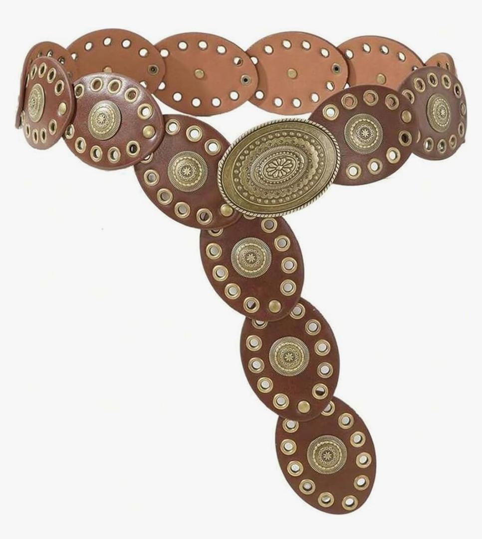 INOGIH Womens Wide Western Cowboy Disc Belt Vintage Cowgirl Concho Leather Belts Boho Style for Jeans Dress Skirt