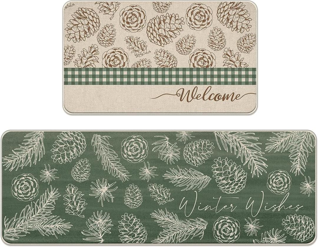 Welcome Winter Wishes Kitchen Rugs Set of 2, Green Pine Cone Pine Needle Kitchen Mats Decor, Christmas Plaid Farmhouse Seasonal Floor Door Mat Home Decorations - 17x29 and 17x47 Inch