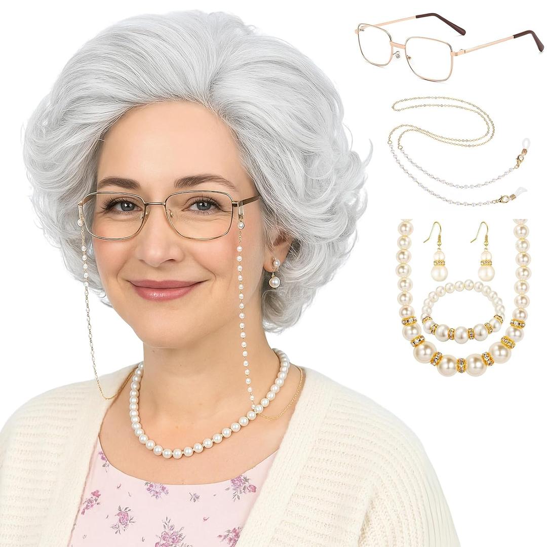 Bettecos Old Lady Wig Costume Set for Women Short Curly Grandma Wig and Glasses Silver White Granny Wigs for Old Woman Cosplay Halloween Party (Silver White/Old Lady)