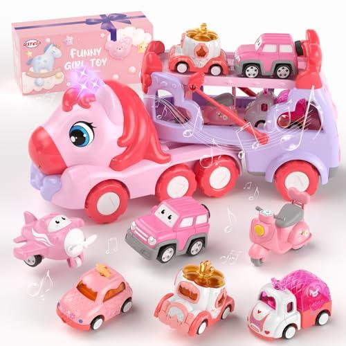 usrela Toys for 2 3 Year Old Girl Truck, 7-in-1 Girl Carrier Truck Car with Light & Sound, Toddler Girl Car Toys Age 2-4, Cars for 2+ 3+ Year Old Girls Birthday