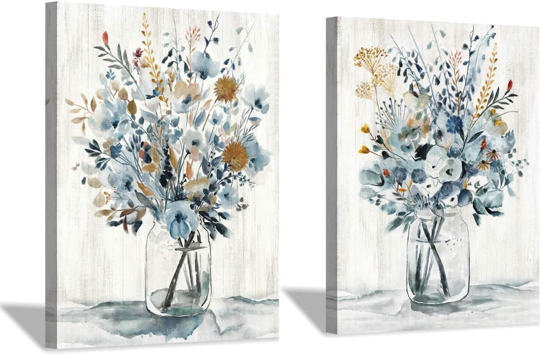 Hardy Gallery Floral Canvas Wall Art Prints: Abstract Blossom Flower Bouquet in Glass Bottle Picture Print on Canvas Small Size for Dining Room (12'' x 16'' x 2 Panels)
