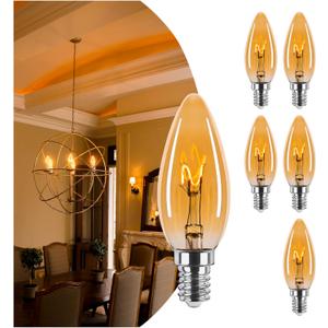 Amber Candelabra Bulb 25W Equivalent, 2W Ultra-Fine Filament E12 Base Candelabra LED Light Bulb, Dimmable Amber LED Bulbs 2000k Soft Warm, Candle Chandelier Light Bulbs, 6 Pack