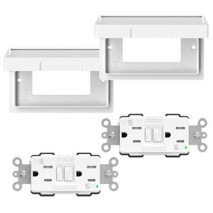 ELEGRP Horizontal Outdoor GFCI Outlet with Cover, Weather Resistant GFCI Receptacle and Wall Plate, 15 Amp Self-Test GFI Outlet, Thinner Design Ground Fault Receptacle, UL Listed, Matte White, 2 Pack