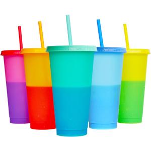 Color Changing Cups, 5 Pack 24oz Plastic Tumblers, Reusable Iced Coffee & Smoothie Cups with Lids and Straws for Parties and Travel