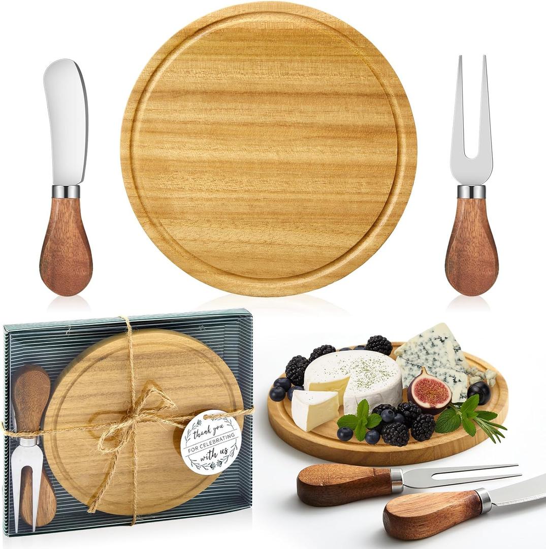 Maxcheck 1 Set Baby Shower Bridal Game Prizes for Winners Round Cheese Board Set Wood Mini Charcuterie Board with Knives and Forks Thank You Card with Gift Box for Guests Wedding (Teak)