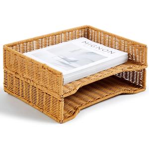 Yeaqee 2 Pcs Paper Tray Organizer for Desk Woven Letter File Organizer A4 File Tray Desk Paper Basket Letter Size Imitation Rattan Holder Organization Rack for Office Storage(Brown,Wheat Ear Pattern)