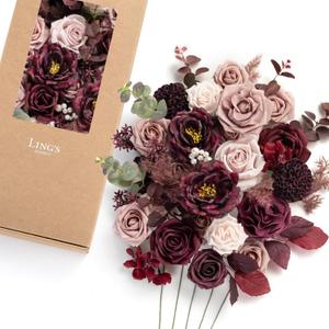 Ling's moment Fake Flowers Box, Faux Artificial Greenery Stems Foam Roses Dahlia Silk Peonies Eucalyptus Fabic Flower for Centerpieces Bouquet Wedding Vase, Dusty Rose & Burgundy, Deluxe Combo