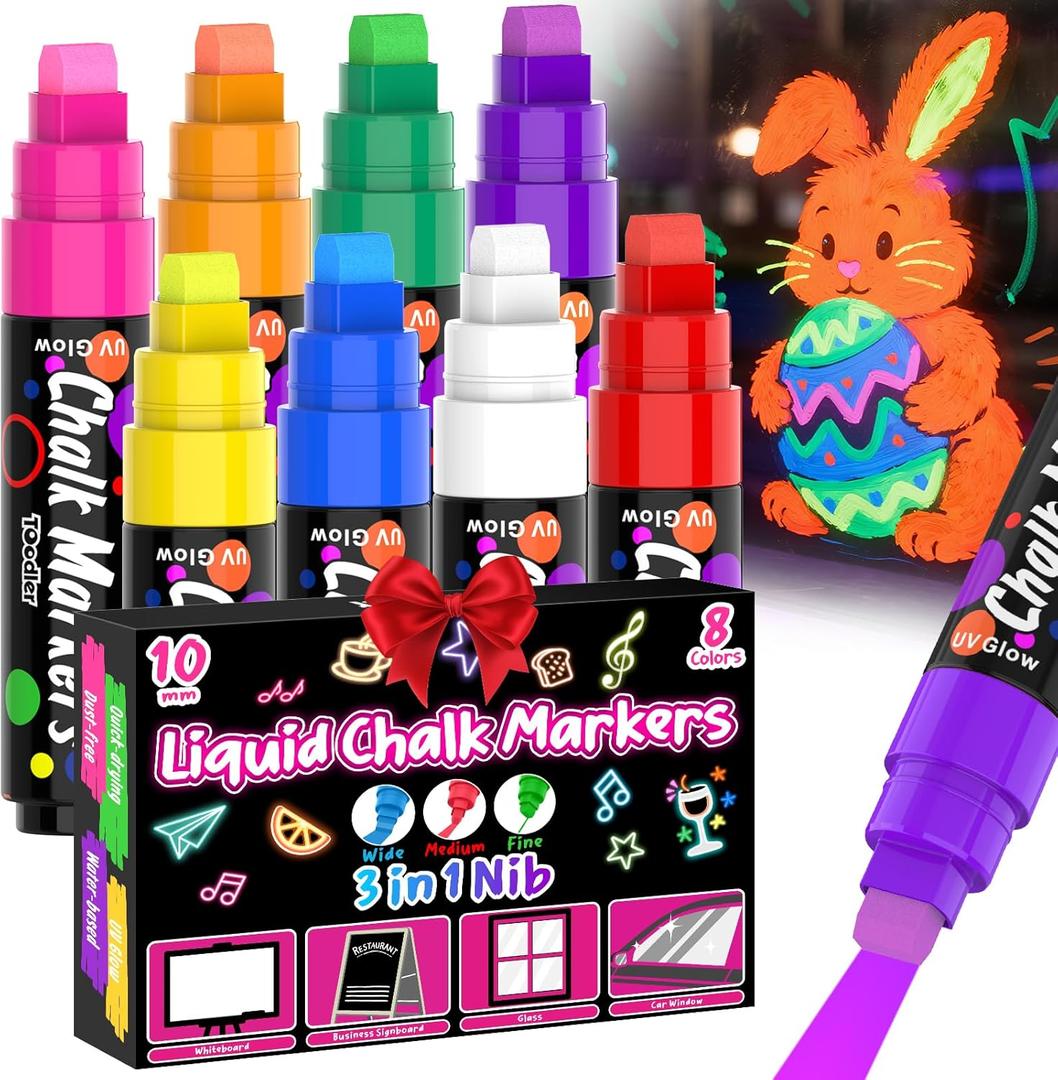 8 UV Neon Chalk Markers Glow in the Dark under Blacklight, Jumbo Liquid Chalk Markers Erasable 10mm 3 In 1 Nib, Fluorescent Paint Pens For Car Window Glass Blackboard Poster Painting DIY Craft