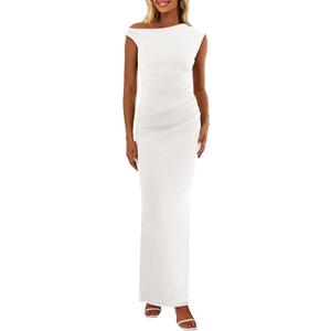 PRETTYGARDEN Women's 2026 Summer Formal Maxi Dresses Sleeveless One Shoulder Bodycon Ruched Mesh Wedding Guest Cocktail Dress (White, XXL)