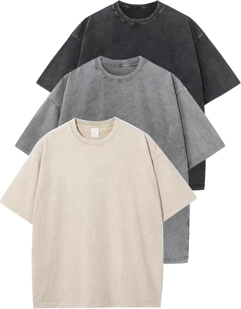 Flygo 3 Pack Men Oversized T Shirts Acid Washed Unisex Tee Loose Fit Short Sleeve Casual Streetwear Baggy Basic Tops (Medium, Black+grey+beige)