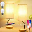 Set of 2 Smart Bedside Table Lamp with Wireless Charger & USB Port - Touch Control LED Desk Lamp for Bedroom, Dimmable Wooden Nightstand Lamp with Fabric Shade for Living Room, Kid's Room, (Cream)