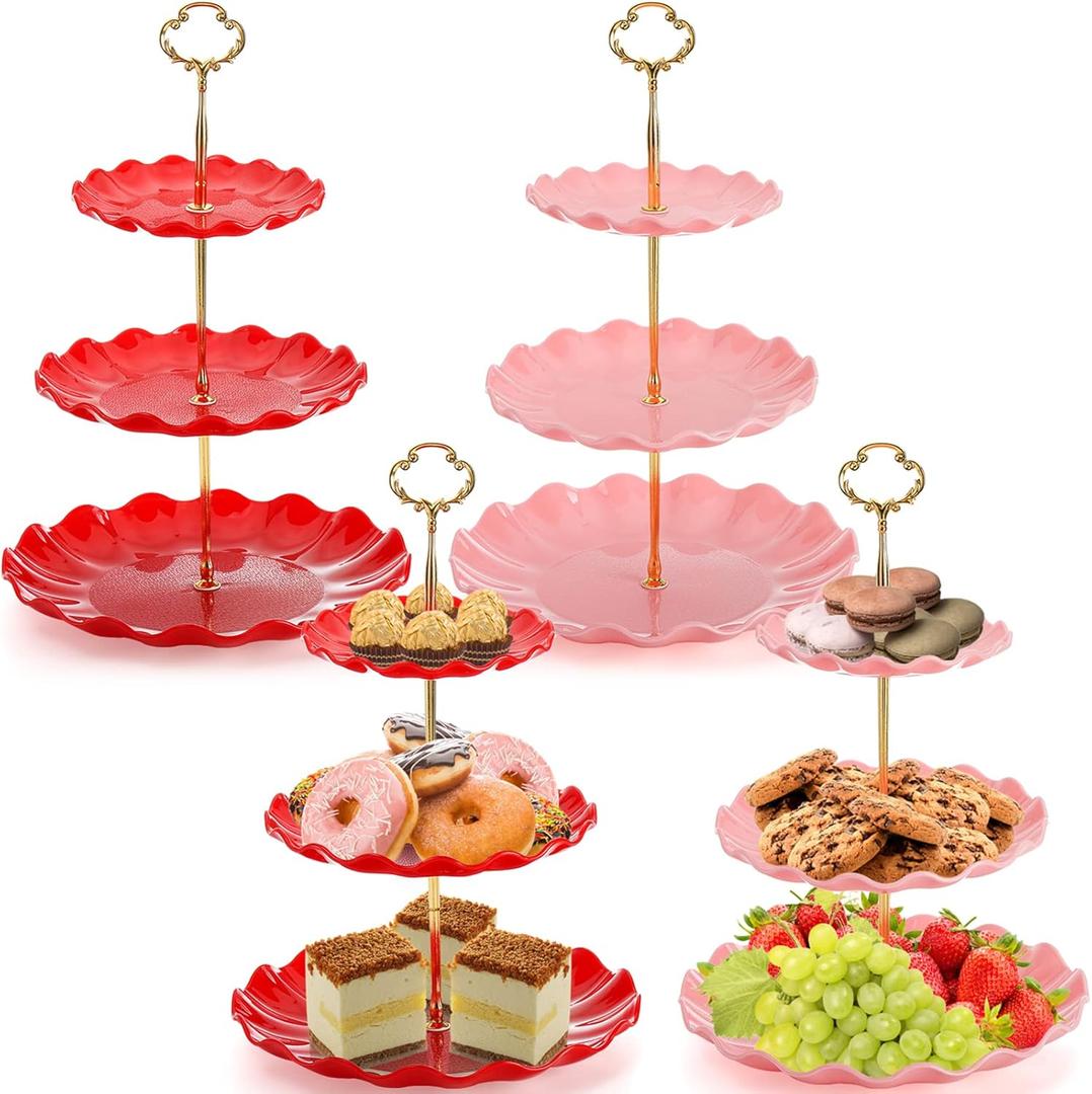 DEAYOU 4 Pack 3 Tier Cupcake Stand, Plastic Dessert Stand Display Tower, Tiered Cake Stands Serving Trays with Gold Rod, Pastry Rack Holder Platter for Buffet, Party, Wedding, Home Decor, Pink, Red