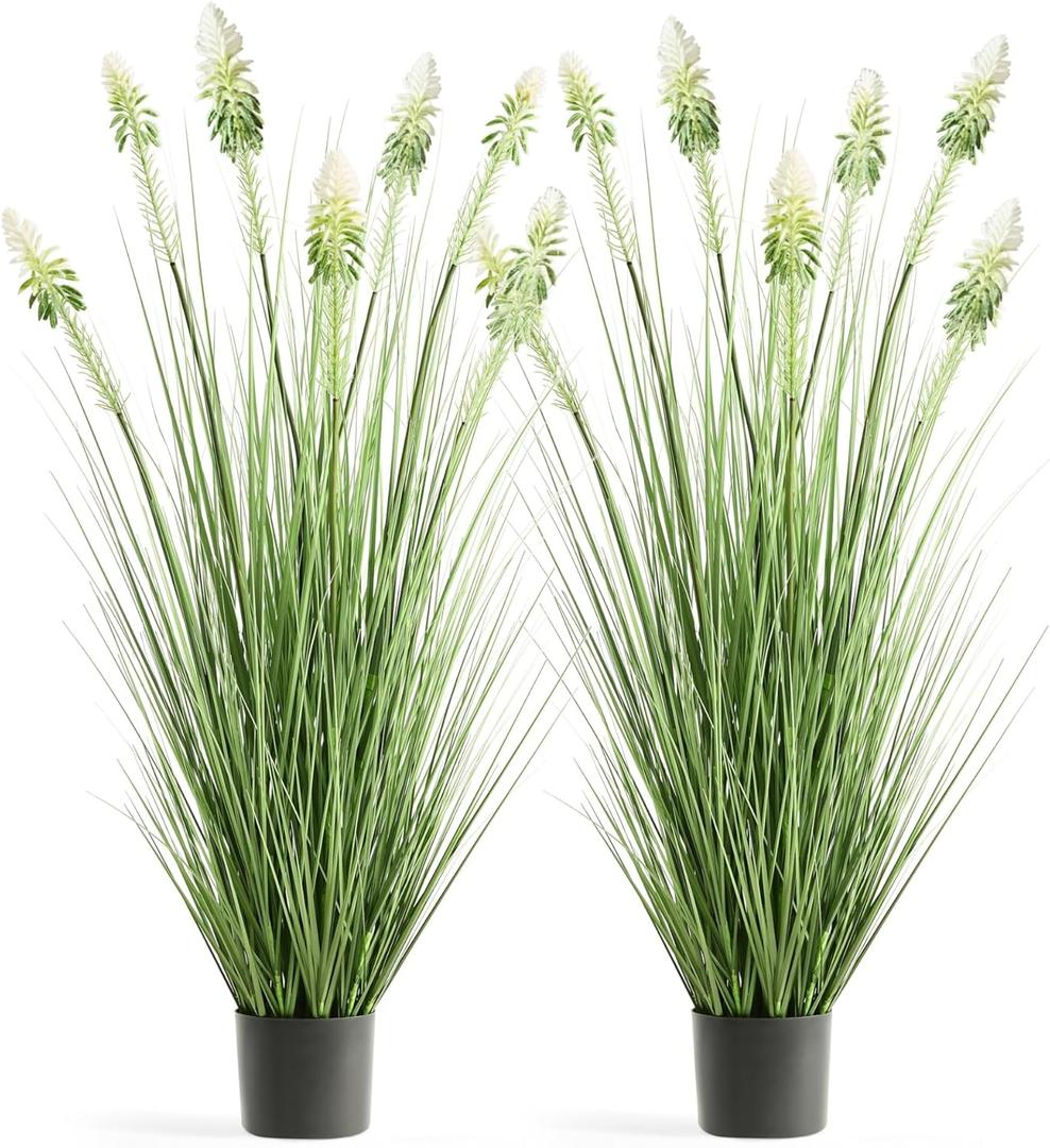FloraFairy 4ft 2-Pack Horsetail Reed Grass with White Cockscomb Flower, 48in Tall Indoor Outdoor Green Onions Fake Plants in Pot, Home Office Decorative Artificial Plant & Greenery, Wedding Decor