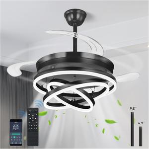 Retractable Ceiling Fans with Lights, 42" Fandelier Ceiling Fan with Light and Remote, Reversible, 3 CCT, Dimmable, Modern Chandelier Ceiling Fan for Bedroom, Living Room, Dining Room (Black)