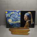 Oil Painting Frame Cat House with Scratcher - 2 Interchangeable Oil Painting Backgrounds - Starry Night & Girl with a Pearl Earring - LED fairy light Lights & Pet Hat - 3D Art Picture Frame Cardboard House Bed Cave Indoor, Easy-to-Assemble