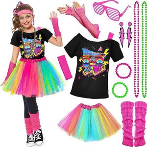 14Pcs Kids 80s Costume 5T-14 Accessories Set Halloween Party Fancy Outfits Cosplay 1980s Theme Retro Hop Hip Party for Girls (XL160(13-14+ Years))