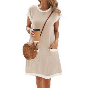 Famulily Women's Casual Summer Dresses Ribbed Knit Colorblock Crewneck Cap Sleeve Soft Dress for Women with Patch Pockets, Size: M