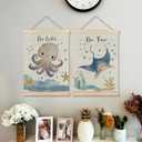 BearCake Ocean Nursery Decor, Stingray Octopus Under the Sea Wall Art Poster Hanger Frame, Inspirational Beach Nursery Canvas Prints Framed Wall Decor for Kids Room Playroom, 12x16 Inch Set of 2