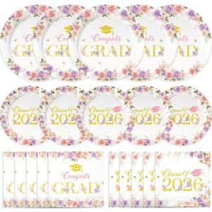 Class of 2026 Graduation Plates and Napkins, 200Pcs Floral Pink Gold Disposable Tableware Set, Congrats Grad Party Supplies for 50 Guests, Dinner & Dessert Plates
