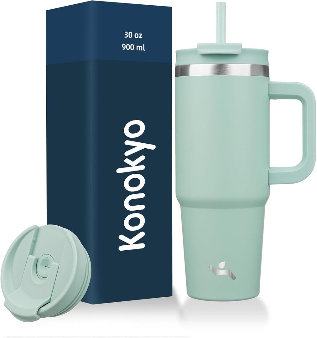 30 Oz Tumbler With Handle And 2 Straws,2 In 1 Lid Insulated Water Bottle Stainless Steel Travel Coffee Mug, Retro Green